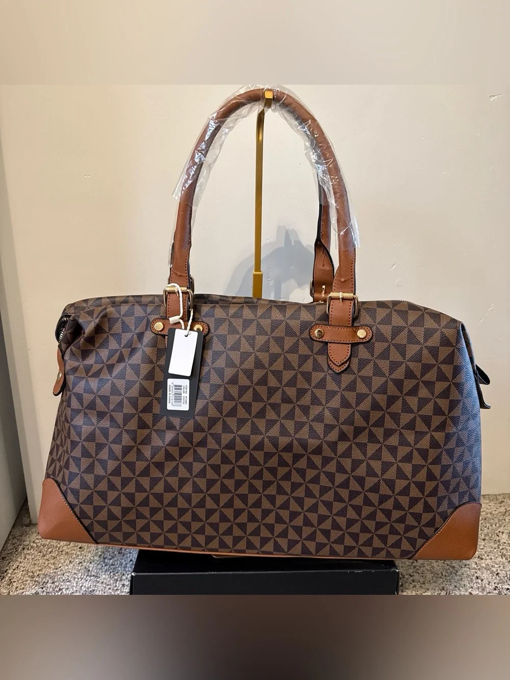 Brown Geometric Travel Tote Bag - Stylish Unisex Carryall